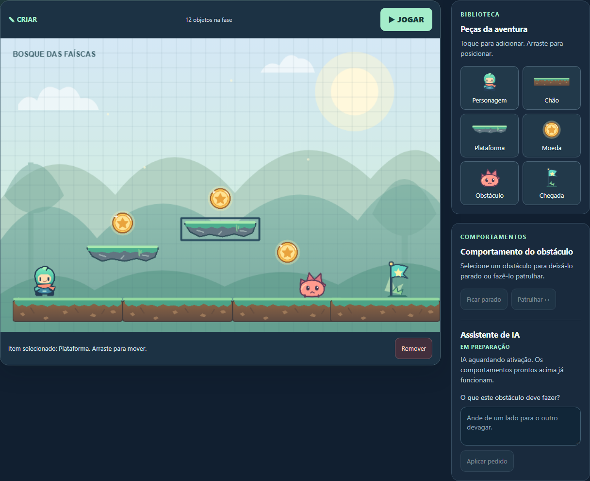 Estúdio PlayForge: cenário do Bosque das Faíscas, personagem Pip, moedas, plataformas, obstáculo Espinho e bandeira. Ao lado, biblioteca de peças e configuração de comportamentos.